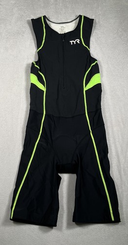 TYR COMPETITOR Mens S Green/Black Trisuit Shorts 1/2 Zip Padded Pockets USA Made