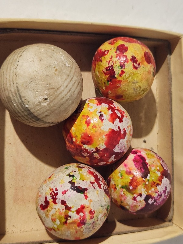 4 Large Antique Speckled Painted Clay & 1 China Handmade Marbles