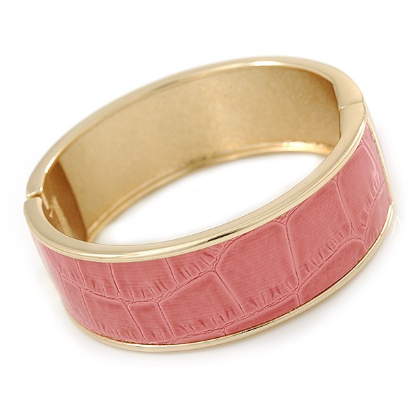 Pink Leather Style Snake Print Magnetic Bangle Bracelet In Gold