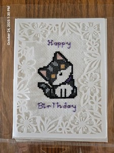 Handstitched Lacy Happy Birthday Greeting Card With Kitten