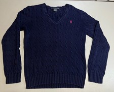 Ralph Lauren Sport Cable Knit Sweater Women Large V-Neck Navy Blue Chunky Cotton