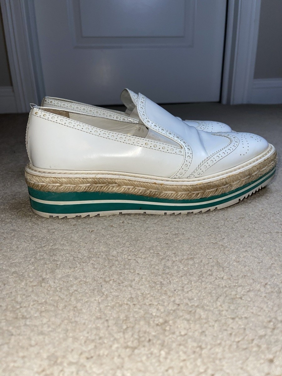 Prada White Leather Platform Brogue Loafers Y2K Retro Style Size 