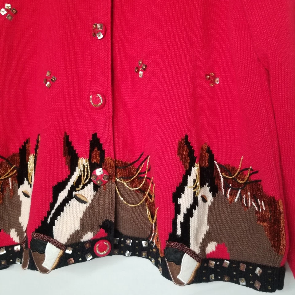 Cárdigan ecuestre Just B Horse suéter rojo arte para usar Derby grandes cuentas Foto 4 de 4
