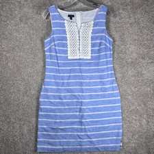 Talbots Petites Blue White Striped Linen Cotton Dress Crochet Neck Petite 6