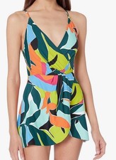 Anne Cole 10 Blue One Piece Swim Dress Floral Colorful Lined V Neck