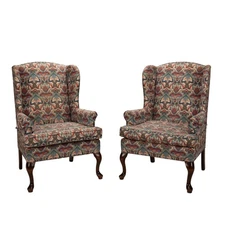 1970s Queen Anne Chippendale Wingback Chairs | Paisley Print Armchair - A Pair