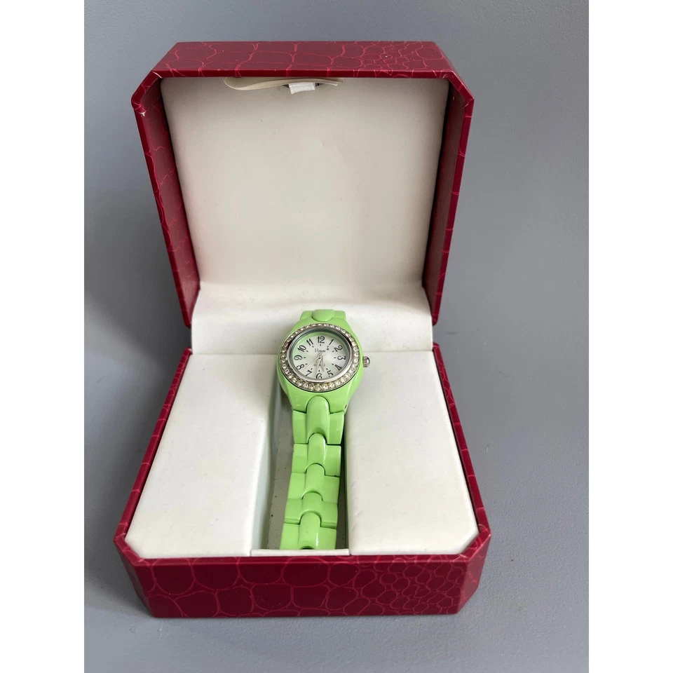 Vivani Bright Green with Silver Rhinestone Face Link Watch  - Image 2 of 4