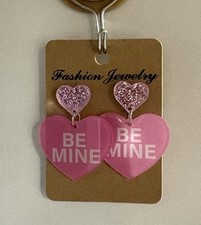 NEW 1.5    Be Mine  Pink Heart Earrings, Acrylic Dangle Valentines Earrings