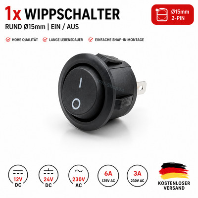 1x Mini Wippschalter Kippschalter Rund 15mm EIN/AUS 12V 24V 230V Snap-In KFZ