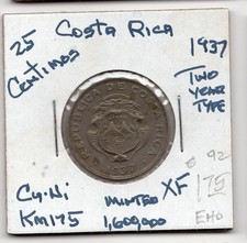 1937 25 Centimos COSTA RICA Copper Nickel 2 Year Type World Coin XF