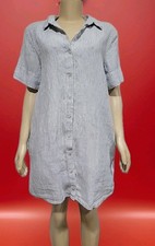Tahari 100% Linen Women's Size L Blue White Stripe Button Up Shirt Dress #C