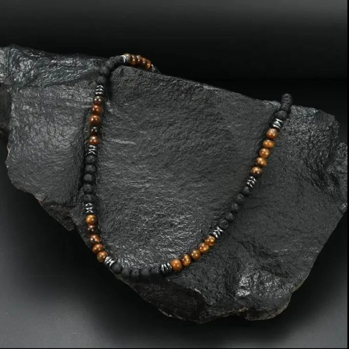 ✅ STYLISCHE TIGERAUGE & LAVASTEIN HERREN EDELSTEIN HALSKETTE PERLEN KETTE 55CM✅ - Bild 2 von 4