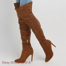 Brown Suede Over Knee Boots Pointed Toe Thin Heels Boots Women Shoes Size 4-15