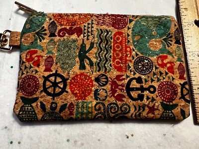 Cork Leather Ocean Aquatic Coin Credit Card Wallet Pouch Case Bag Zipper & Hook