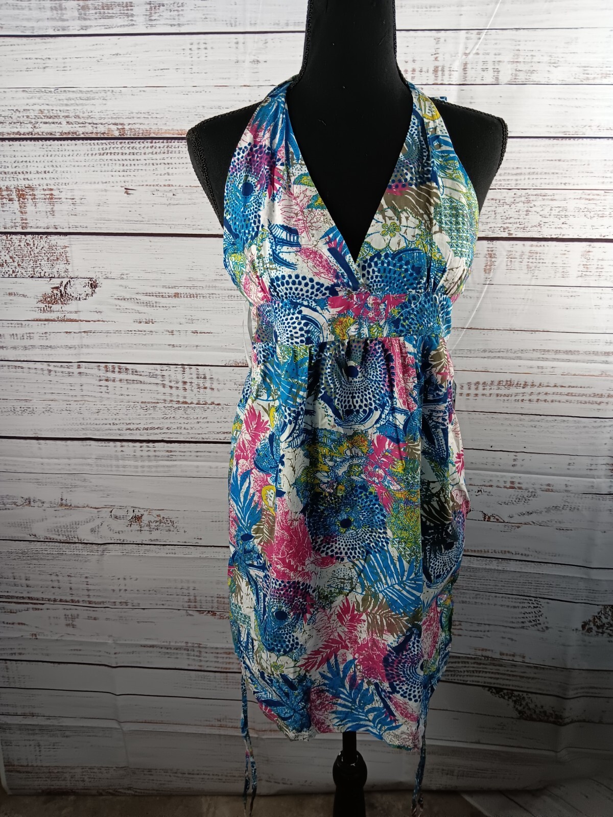 Tropical Print Cotton Halter Neck Mini Dress for Women - Medium