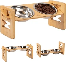 Bamboo Elevated Dog Bowl Stand with Stainless Steel Bowls