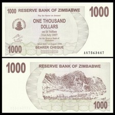 Zimbabwe 1000  Dollars Bearer s Cheque 2006 UNC New Uncirculated P-44