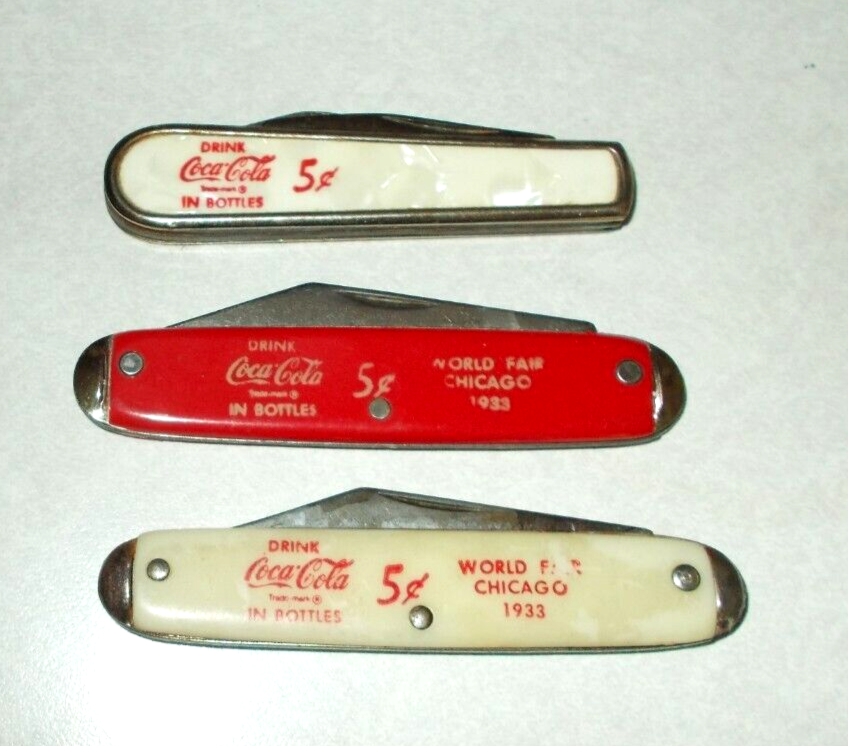 3~COCA COLA POCKET KNIVES~2 WORLD FAIR CHICAGO 1933~1 WHITE