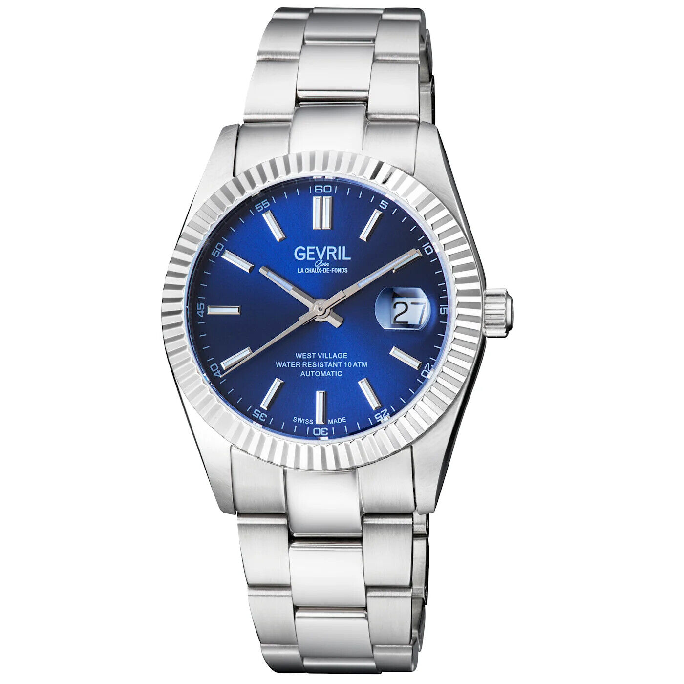 Gevril Men's 48920 West Village Swiss Automatic Blue Dial Steel Date Watch