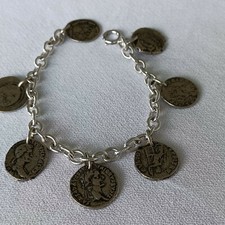 Vintage Faux Roman Coins Silver Tone Charm Bracelet 7.5"