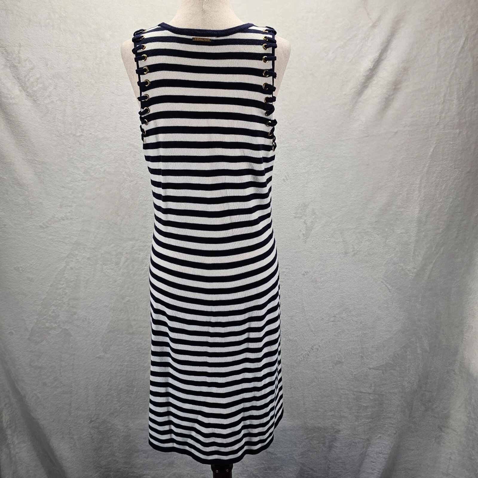 Abito tubino donna Michael Kors blu navy e bianco a righe pizzo senza maniche piccolo