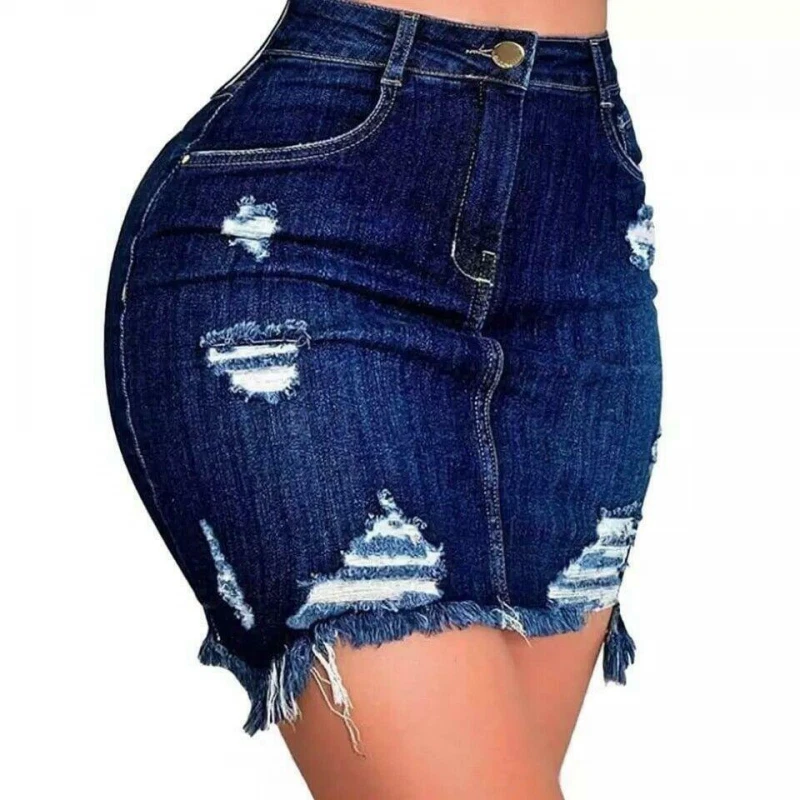 Sayas Corta De Moda Mezclilla Cintura Alta Azul Faldas Elegantes Casuales Mujer