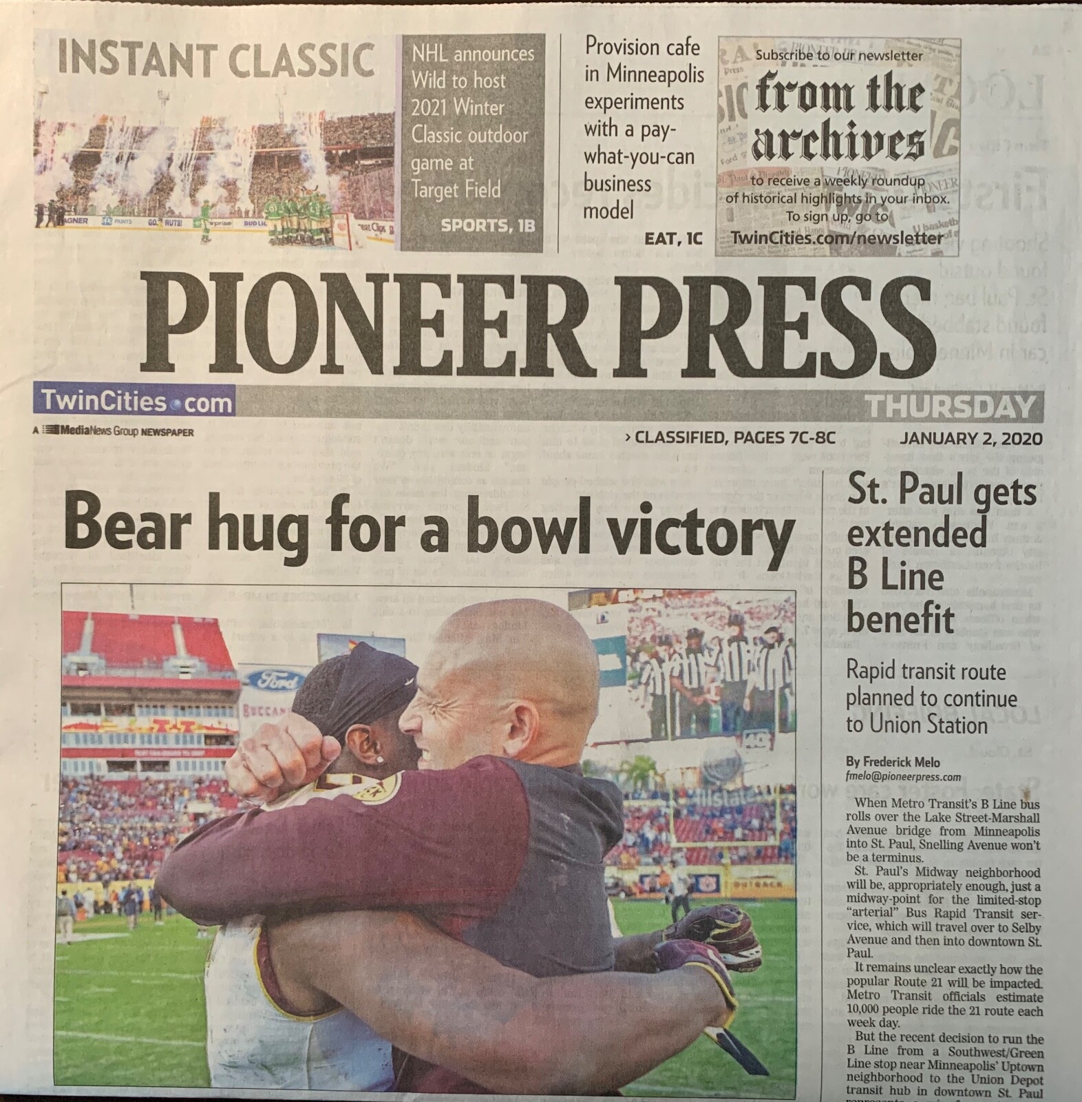 Minnesota Gophers 1/2/20 St Paul Newspaper vs Auburn Tigers Outback