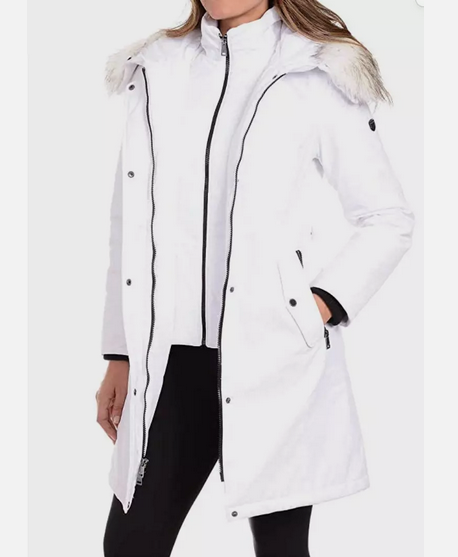 1 Madison Expedition Women's White Long Faux Trim Parka Coat(WHITE
