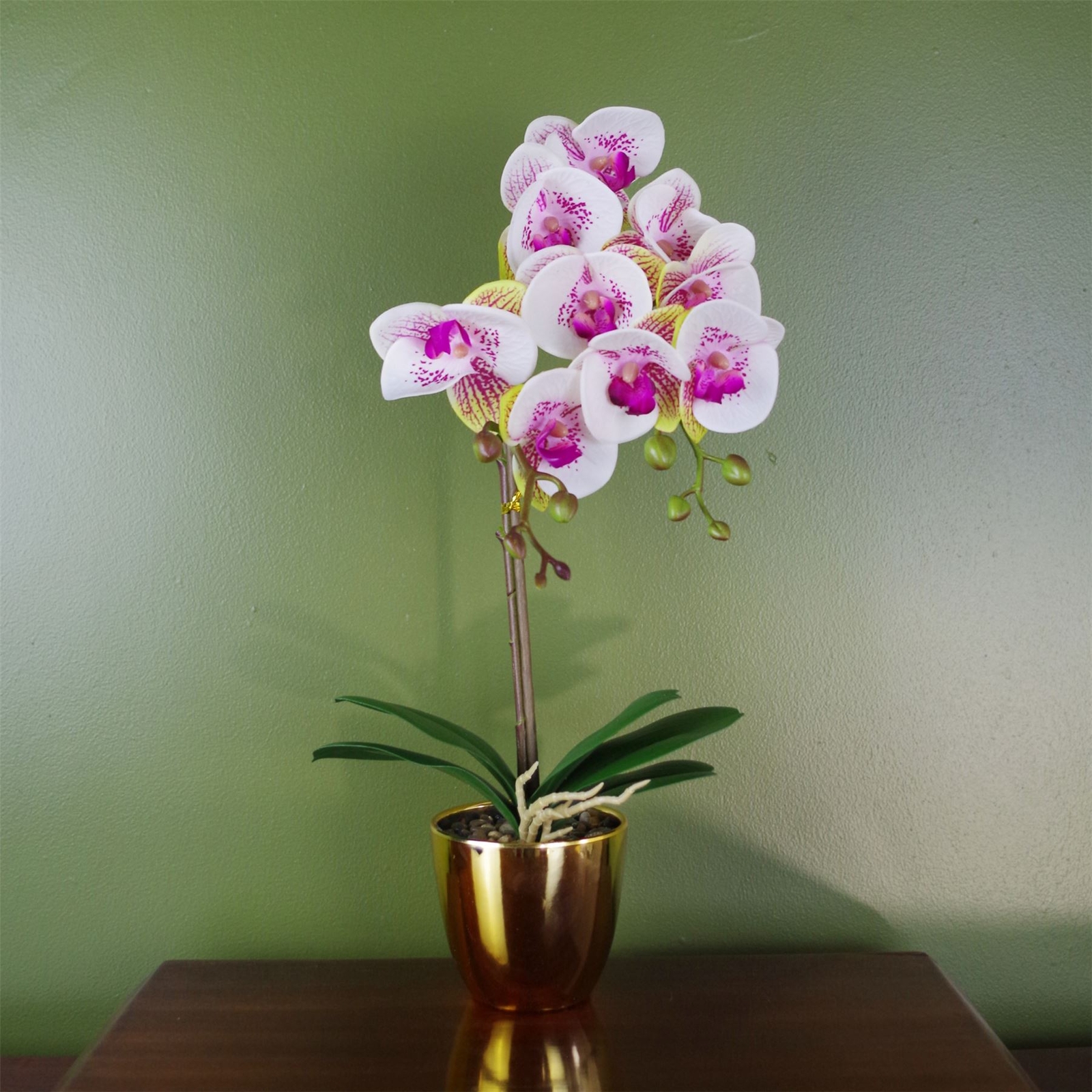 48cm Harlequin Orchid Artificial - Pink with Gold Pot - Image 3