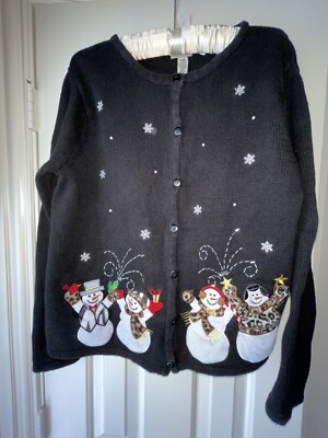 Christmas Sweater Snowmen Black Leopard Classic Elements Med 10-12 CUTE!