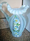 FENTON - M. CAPLINGER (HP) - POWDER BLUE OPAL RIB OPTIC FLORAL PITCHER - BOX