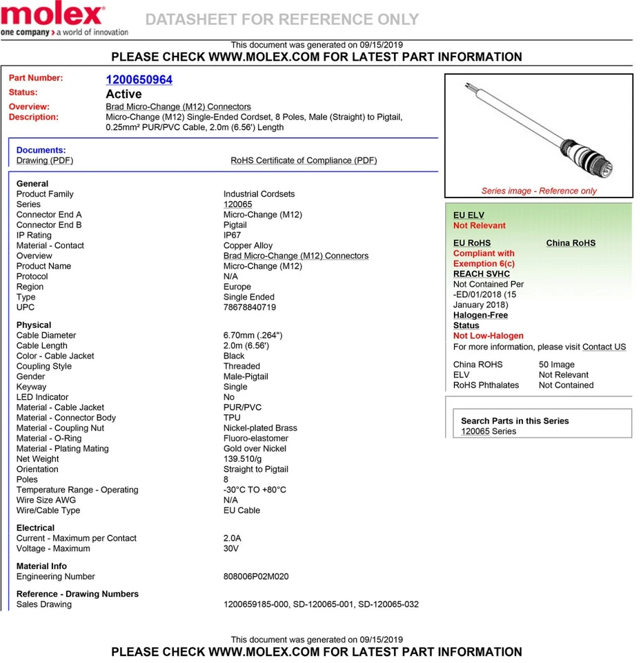 Molex 	CBL Male to Wire Lead 8POS 6.56' (2.00m) PN 1200650964 - Image 4 of 4
