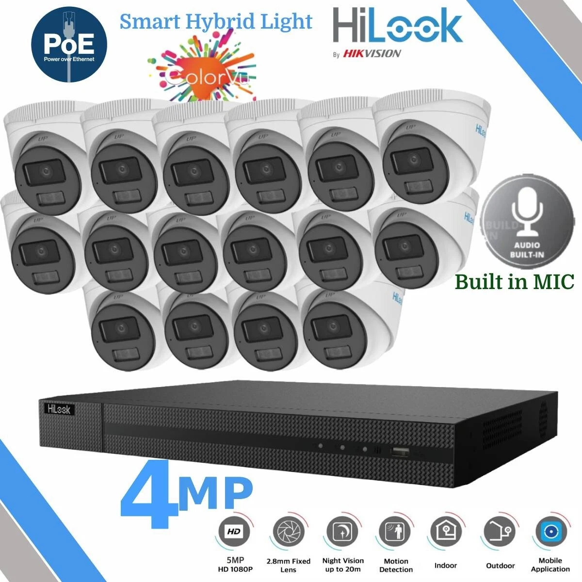 HIKVISION POE CCTV 8MP 4K NVR COLORVU IP OUTDOOR 4MP AUDIO MIC CAMERA SYSTEM KIT - Picture 1 of 30