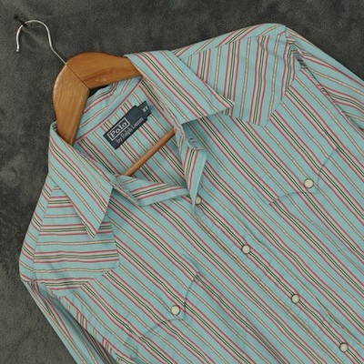 Vintage Ralph Lauren Shirt Mens Medium Blue Pink Pearl Snap Western Aztec Y2K RL
