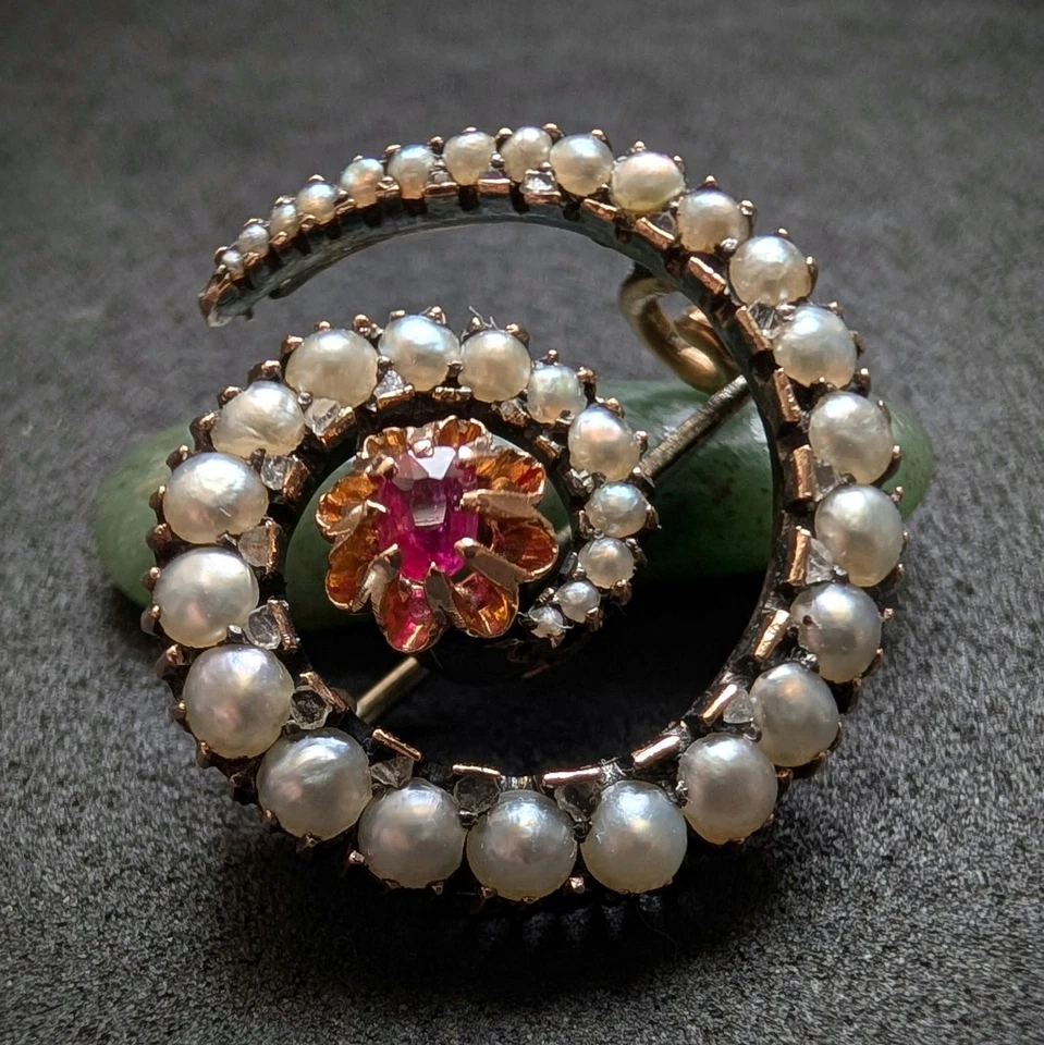 Victorian Brosche 18k 750 Gold Perle Rubin Diamant alt antik c. 1900 - Bild 4 von 4
