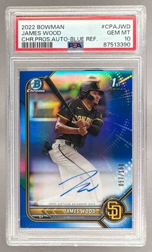 James Wood 2022 Bowman Chrome Blue Refractor 1st RC Auto 57/150 PSA 10