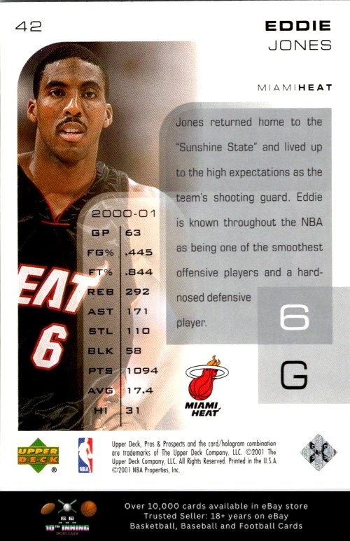 2001-02 Upper Deck Pros & Prospects BASKETBALL #42 Eddie Jones - Image 2 of 2