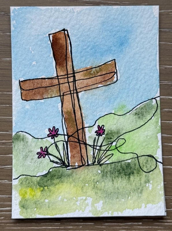 ACEO Original, Cross, Christian Art, Watercolor, Continuous Line, by Morgan Kaz