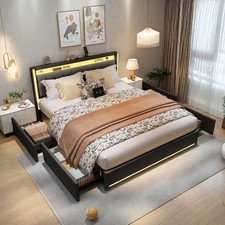 Doppelbett 140x200cm Polsterbett mit:Stauraum 4 Schubladen mit LED&USB Kopfteil