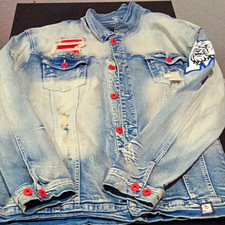 Makobi Mens Blue Denim Jacket Button Front Pa...
