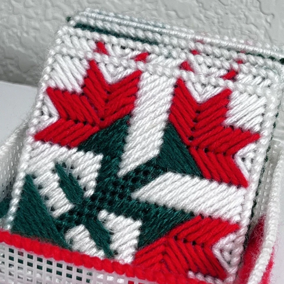 Vintage Set of 5 Handmade Plastic Canvas Needlepoint Christmas Coasters w/Basket - Image 3 of 4