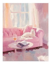 Charmante affiche pastel chat et canapé art mural pour décoration...