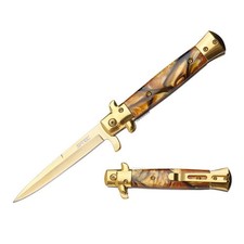 9"" Stiletto Style Gold Blade Spring Assisted Folding Knife With Brown Inlay Han