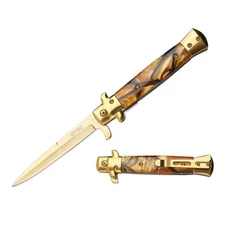 9"" Stiletto Style Gold Blade Spring Assisted Folding Knife With Brown Inlay Han