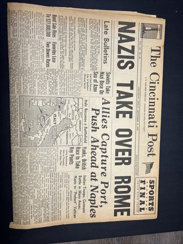 World War 2 Newspaper Headline Front Page The Cincinnati Post September 10, 1943