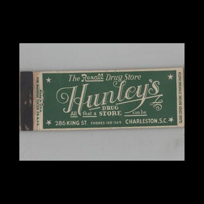 Full Length Matchbook Cover Hunley's Drug Store Charleston SC