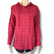 Boutique Womens Hooded Tunic Top Long Sleeve Plaid Lightweight Red Medium 
