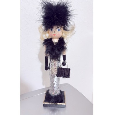Hollywood Glamour Nutcracker Silver Sequin Gown Faux Fur Feather Hat 15 Inch