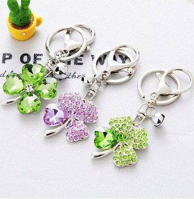 Alloy Silver Color Clover Bag Charm/keyring with crystal/rhinestones