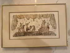 A serigraph depicting a scene from a Purimspiel, signed and dated by Ilya Schor